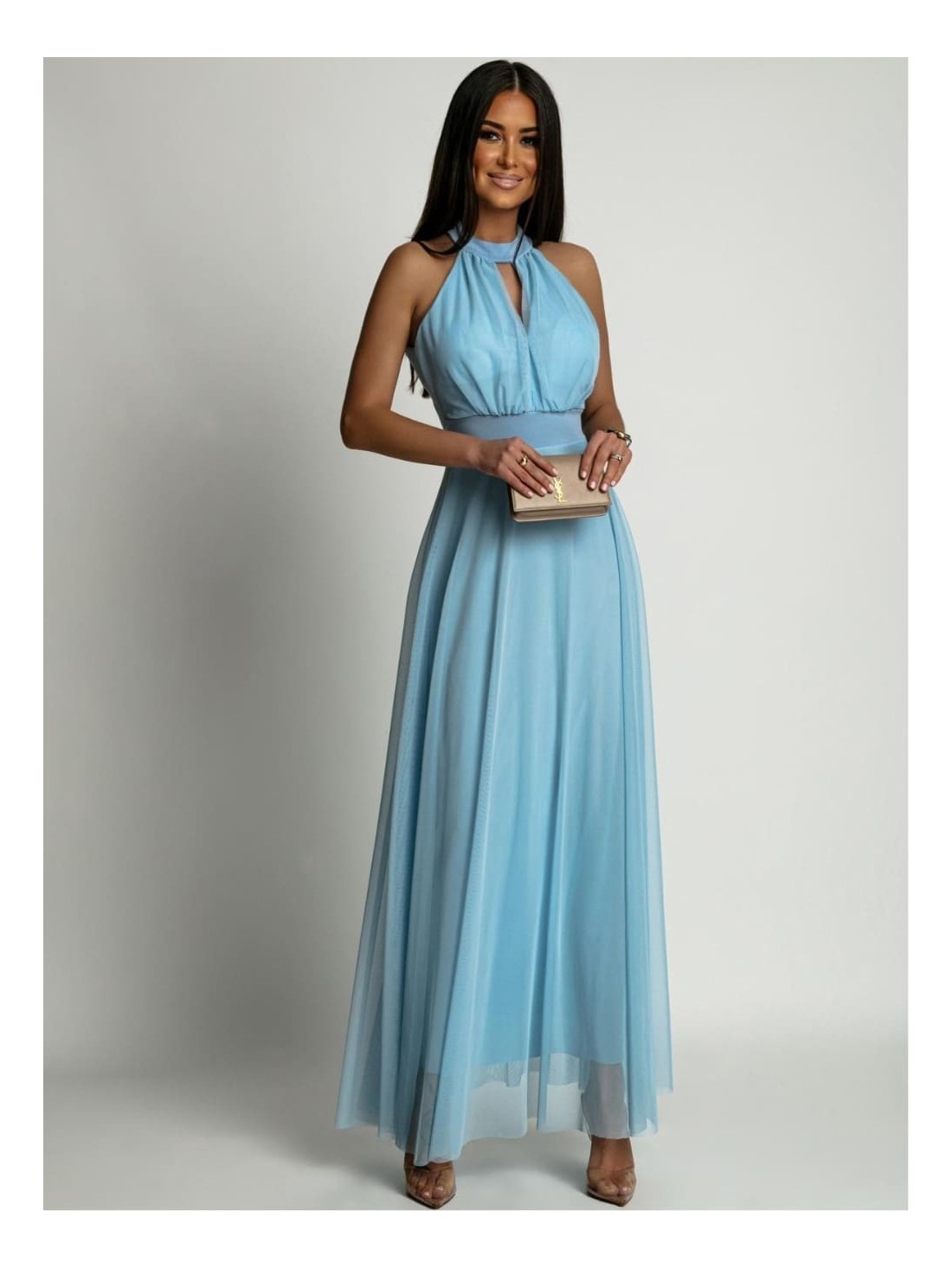 Elegant dress with tulle bottom, blue AZR156